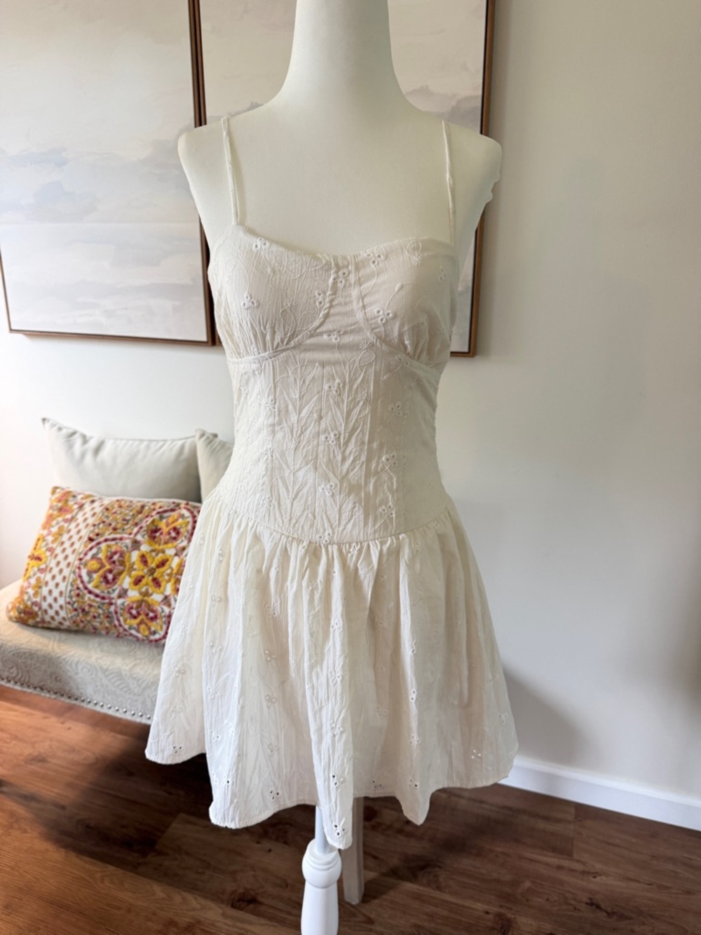 White Eyelet Summer Dress - Basque Waist Spaghetti Strap Sundress